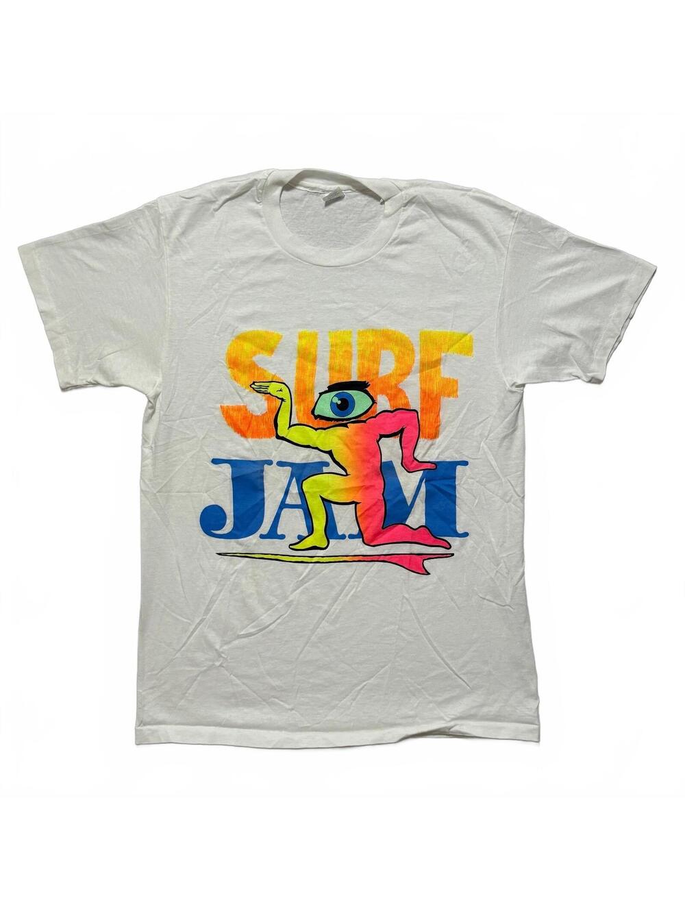 VTG 80's USA Surf Jam Neon Graphic Souvenir T-Shirt Men's L White Surfwear Retro
